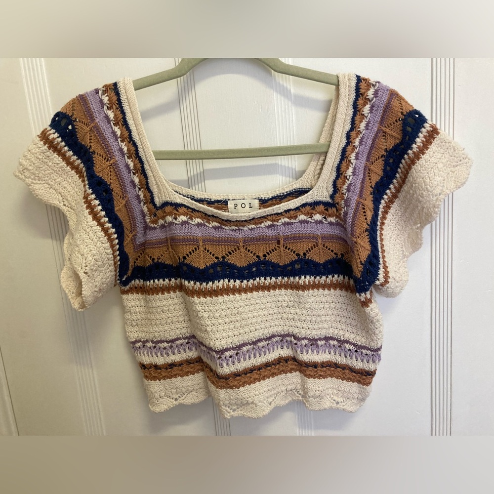 Crochet Top in Cream, Purple, and Brown